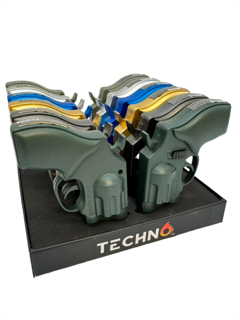 TECHNO REVOLVER PISTOL LIGHTER - DISPLAY OF 12
