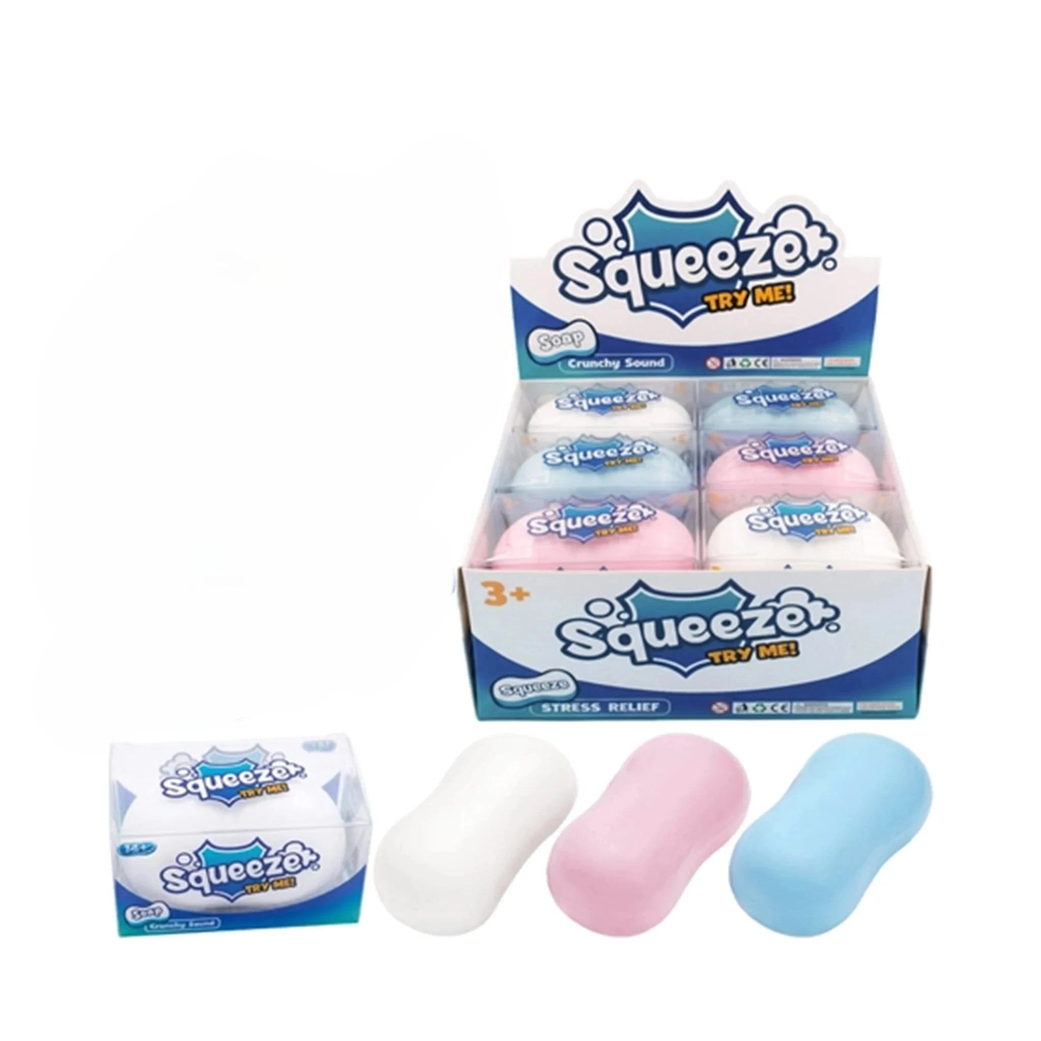 SQUEEZE SOAP MULTI COLOR SQUISH TOY - DISPLAY OF 12