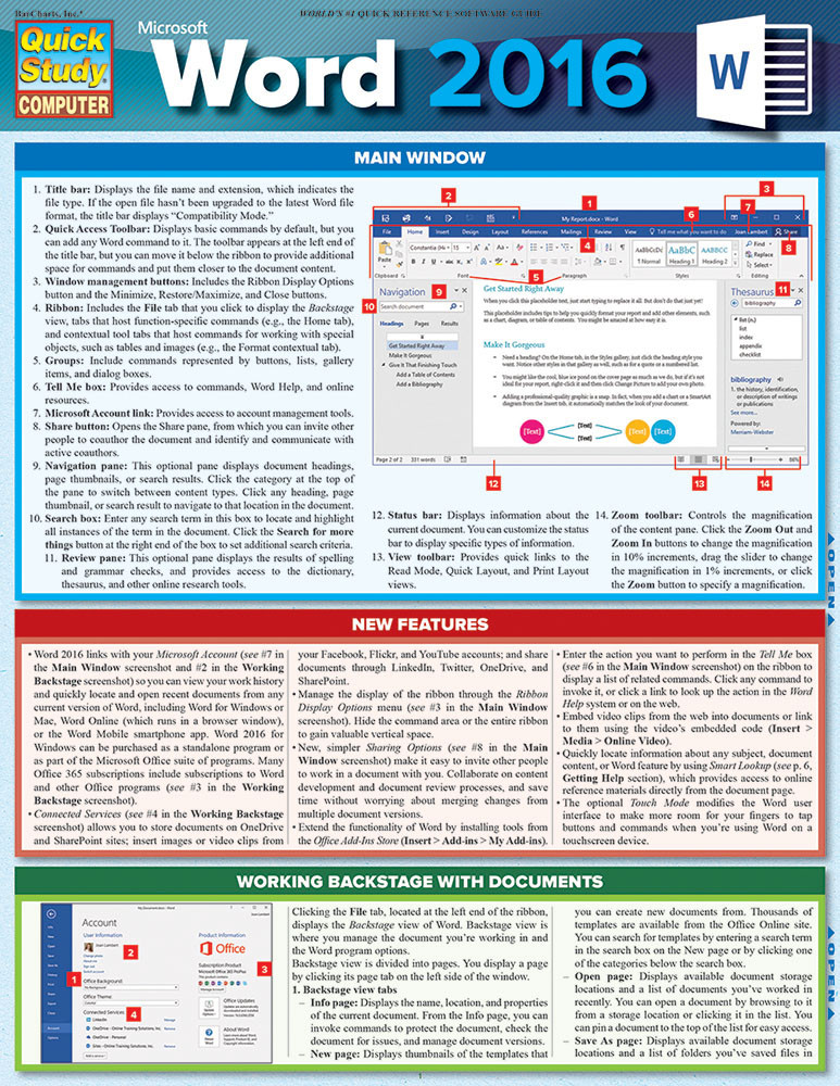 QuickStudy Microsoft Word 2016 Laminated Reference Guide