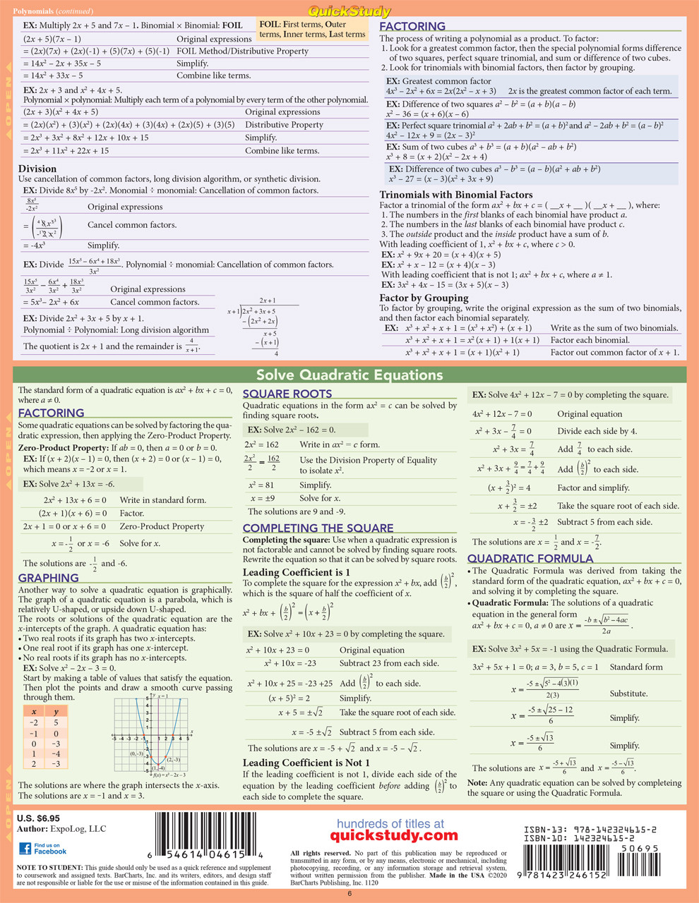 BarCharts Pre-Algebra Laminated Quick Study Guide, Grades 7-12, Mardel, 9781572227262