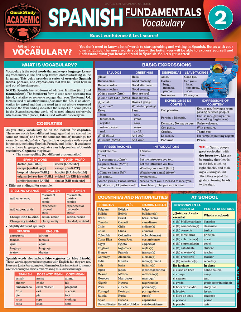 QuickStudy | Spanish Fundamentals 2 - Vocabulary Laminated Study