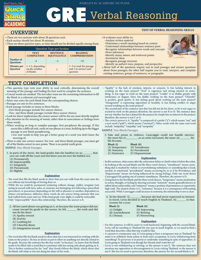 QuickStudy GRE: Verbal Reasoning Laminated Study Guide (9781423234739)
