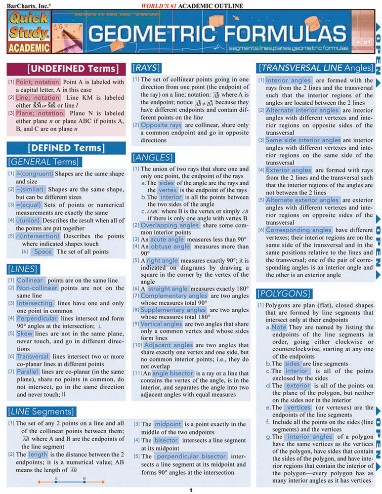 Quickstudy Geometric Formulas Laminated Study Guide 9781572229099
