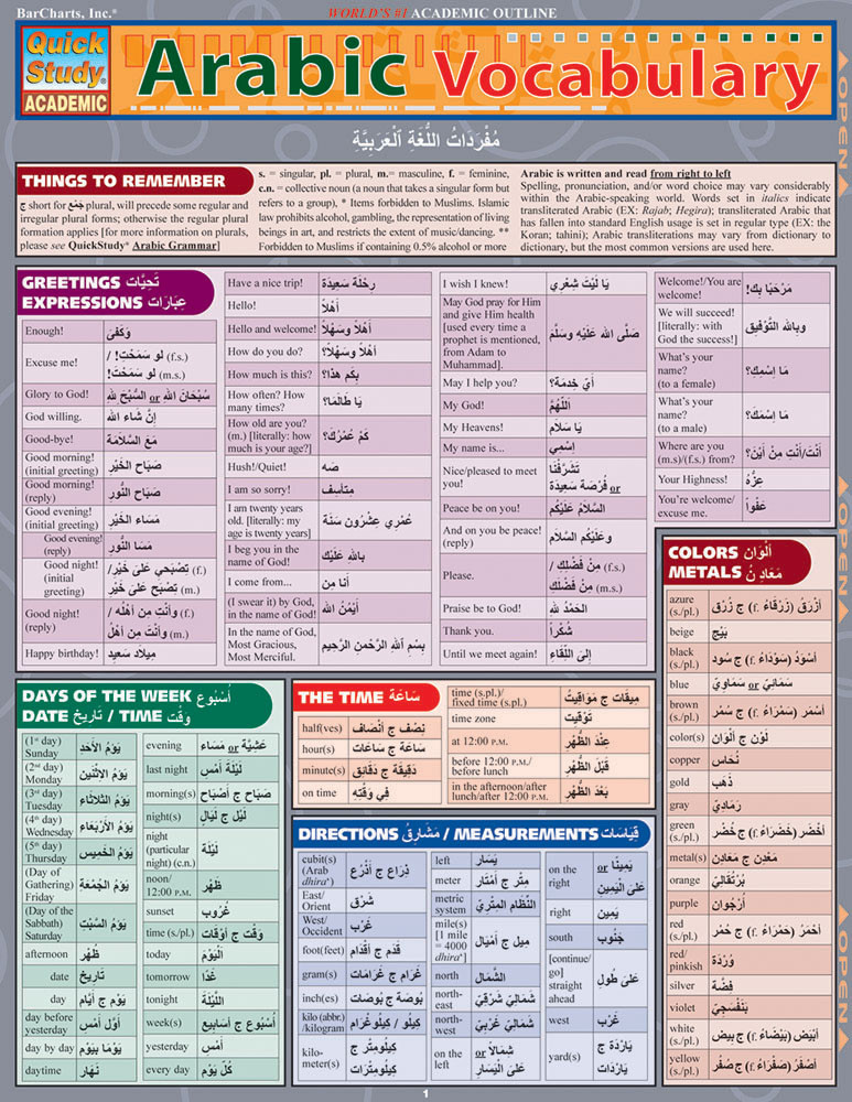 QuickStudy Arabic Vocabulary Laminated Study Guide (9781423204169)