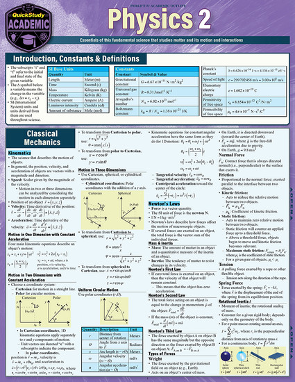 Quick Study QuickStudy Physics 2 Laminated Study Guide BarCharts Publishing Science Reference Cover Image