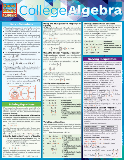 Quick Study QuickStudy College Algebra Laminated Study Guide BarCharts Publishing Reference Algebra Cover Image