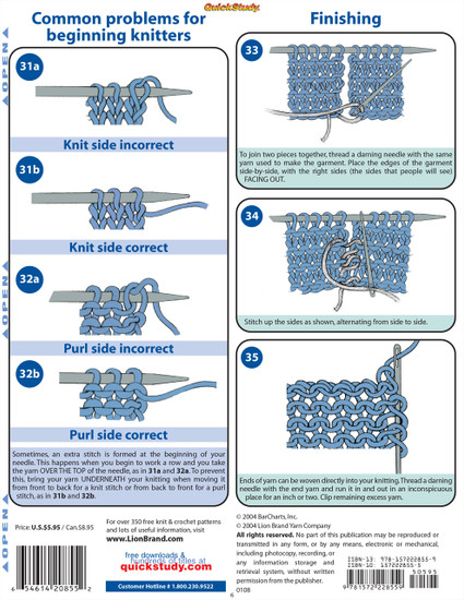 Quick Study QuickStudy Learning To Knit Laminated Reference Guide BarCharts Publishing Home Lifestyle Outline Back Image