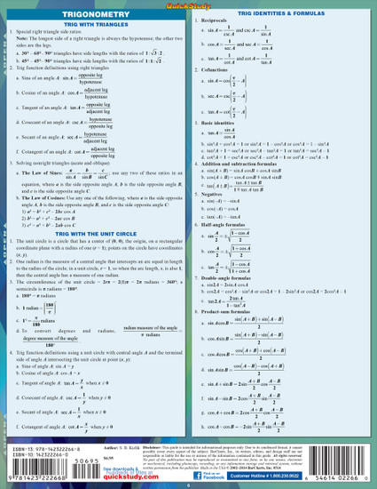 Quick Study QuickStudy Algebraic Equations Laminated Study Guide BarCharts Publishing Algebra Guide Back Page Image