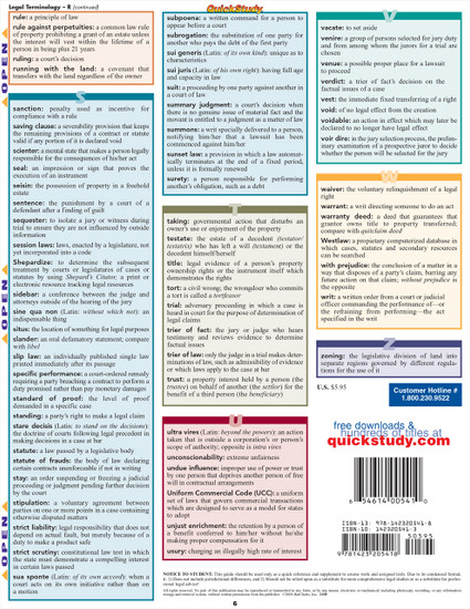 QuickStudy Quick Study Legal Terminology Laminated Study Guide BarCharts Publishing Reference Guide Back Image