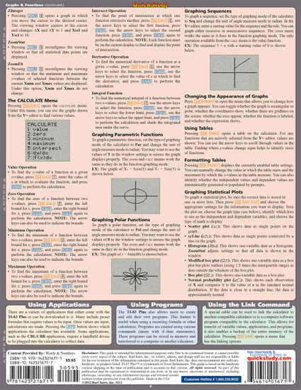 Quick Study QuickStudy TI-83 Calculator Laminated Study Guide BarCharts Publishing Mathematic Guide Back Image