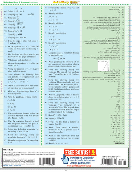 Quick Study QuickStudy Algebra Fundamentals Quizzer Laminated Study Guide BarCharts Publishing Mathematic Reference Guide Back Image