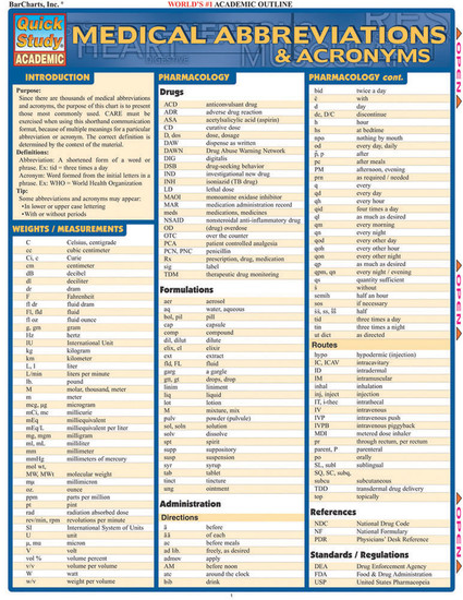 Quick Study QuickStudy Medical Abbreviations Acronyms Laminated Study Guide BarCharts Publishing Cover Image