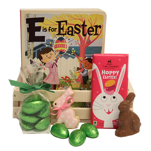 Easter basket that includes a book, Easter candy and the option of adding a JellyCat bunny