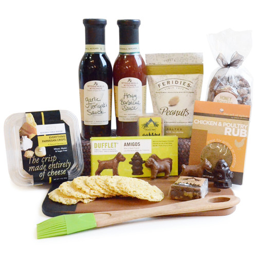 Grilling gift basket with savory treats, sauces and rubs perfect for someone who loves to grill.