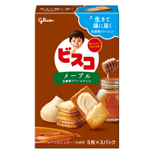 GLICO Bisco Maple Cream Biscuits 固力果 楓糖味乳酸菌忌廉夾心兒童餅 5pcs x 3packs