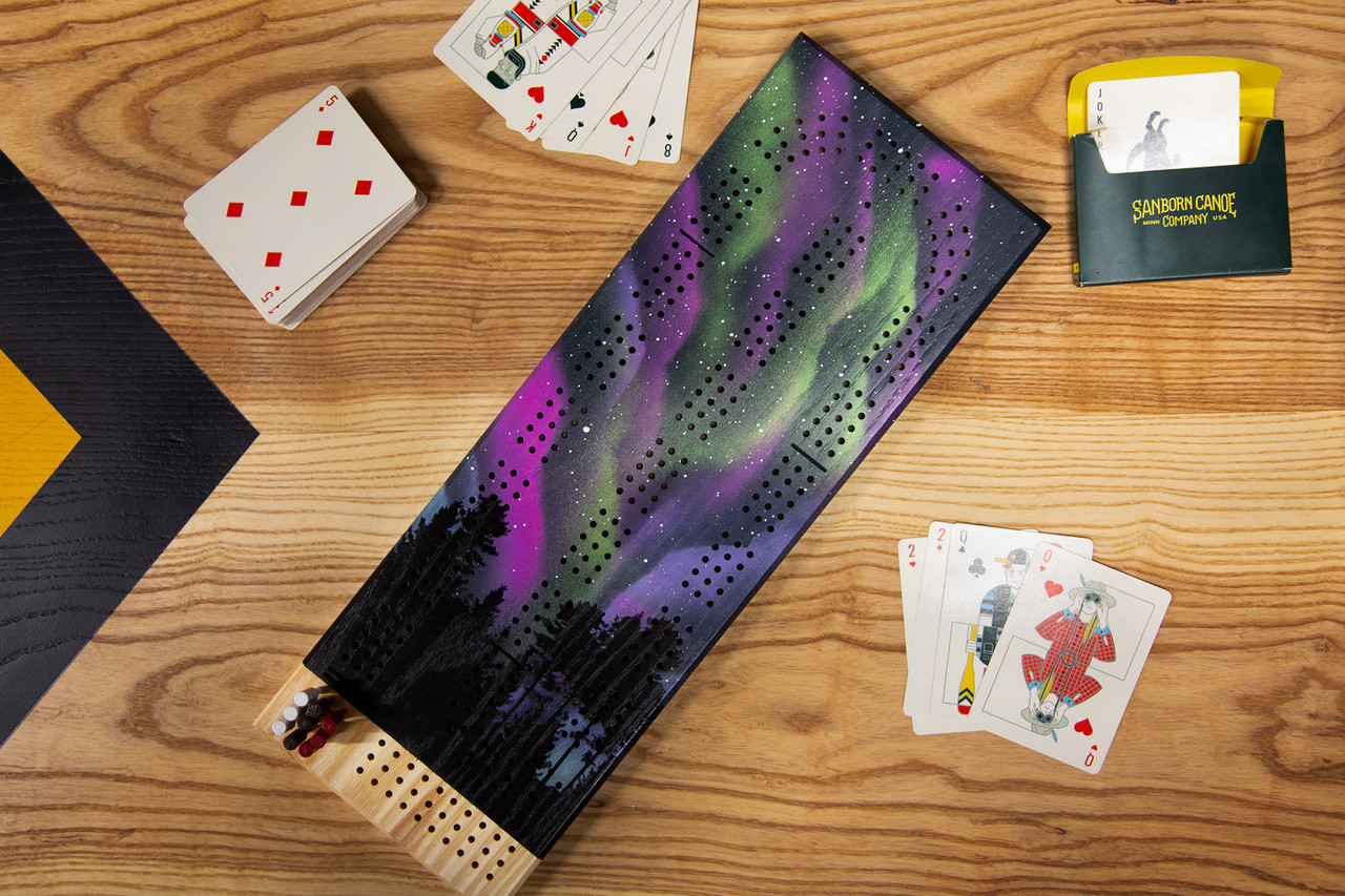 Aurora Borealis Painted Cribbage Board - Hand-painted wooden