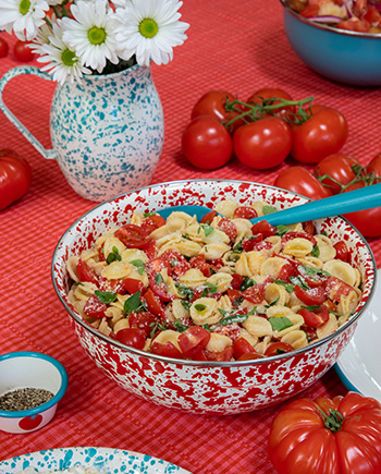 Dan Pelosi x Crow Canyon Home red splatter mixing bowl and turquoise pitcher styled with tomato pasta salad
