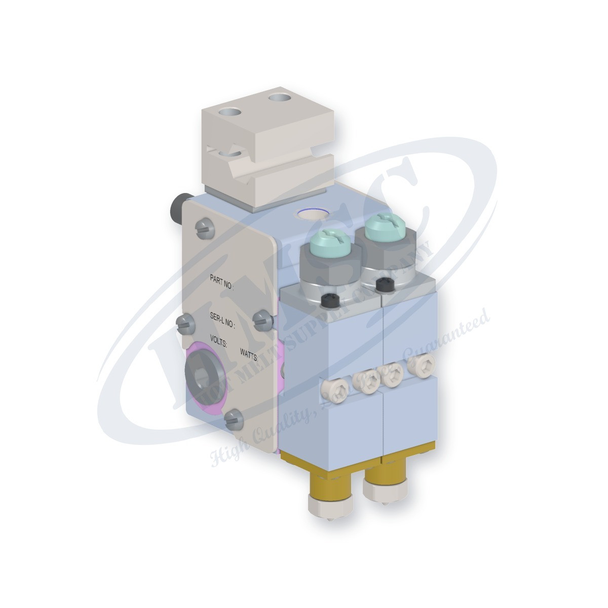 H202 Reduced Cavity Dual Module Gun, direct replacement for Nordson 8505279. HMSC configured part number HMS-BC-210122000, configuration BCM-CBRC-012-02-A-CA-022-T-RB-XXXX-N0-3