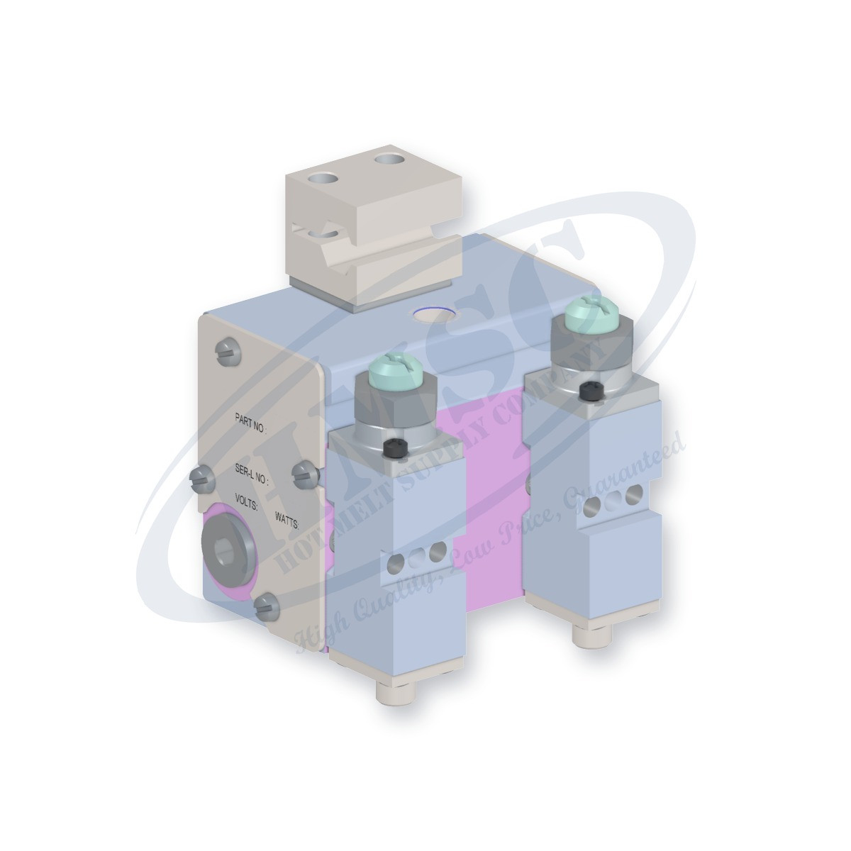 H202 Style Dual Module Gun, direct replacement for Nordson 8505930. HMSC configured part number HMS-BC-220710000, configuration BCM-CBST-STD-02-A-CA-059-W-RB-XXXX-N0-3