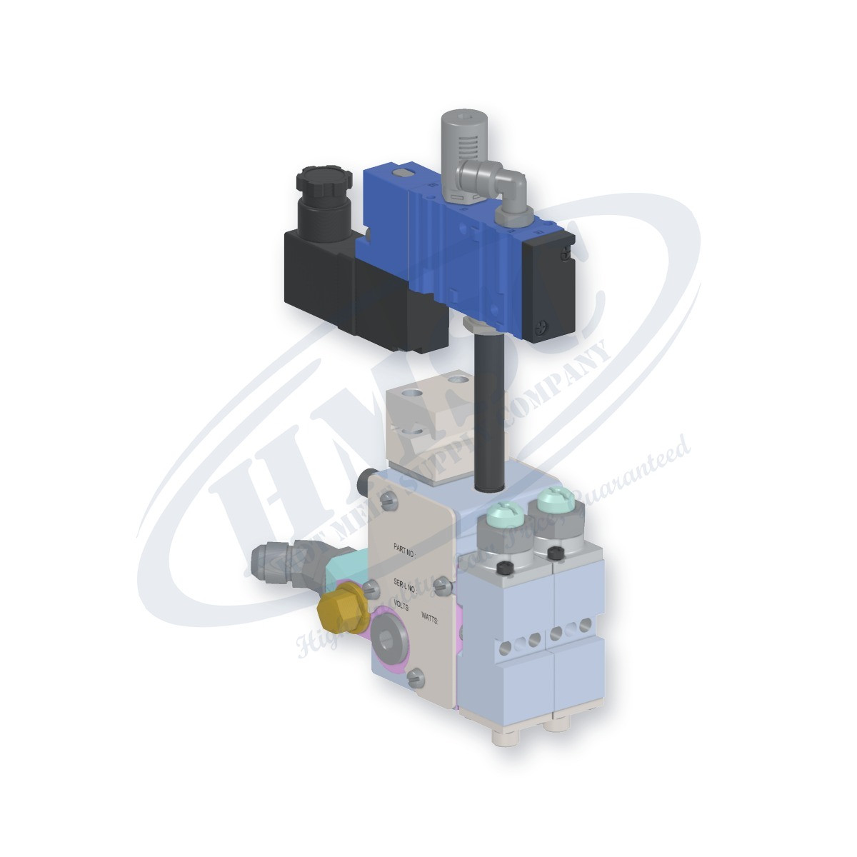 H202 Style Dual Module Gun, direct replacement for Nordson 8509276. HMSC configured part number HMS-BC-210110122, configuration BCM-SLBS-STD-02-A-CA-022-T-RB-3A1A-F4-3