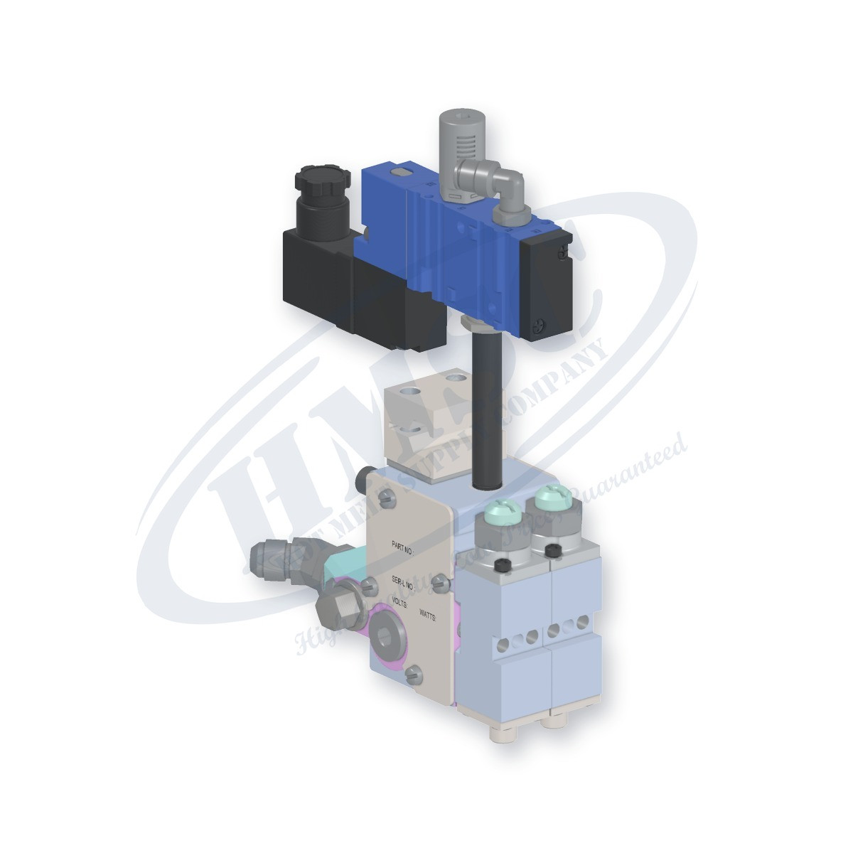 H202 Style Dual Module Gun, direct replacement for Nordson 8509277. HMSC configured part number HMS-BC-220110122, configuration BCM-SLBS-STD-02-A-CA-022-W-RB-3A1A-F4-3