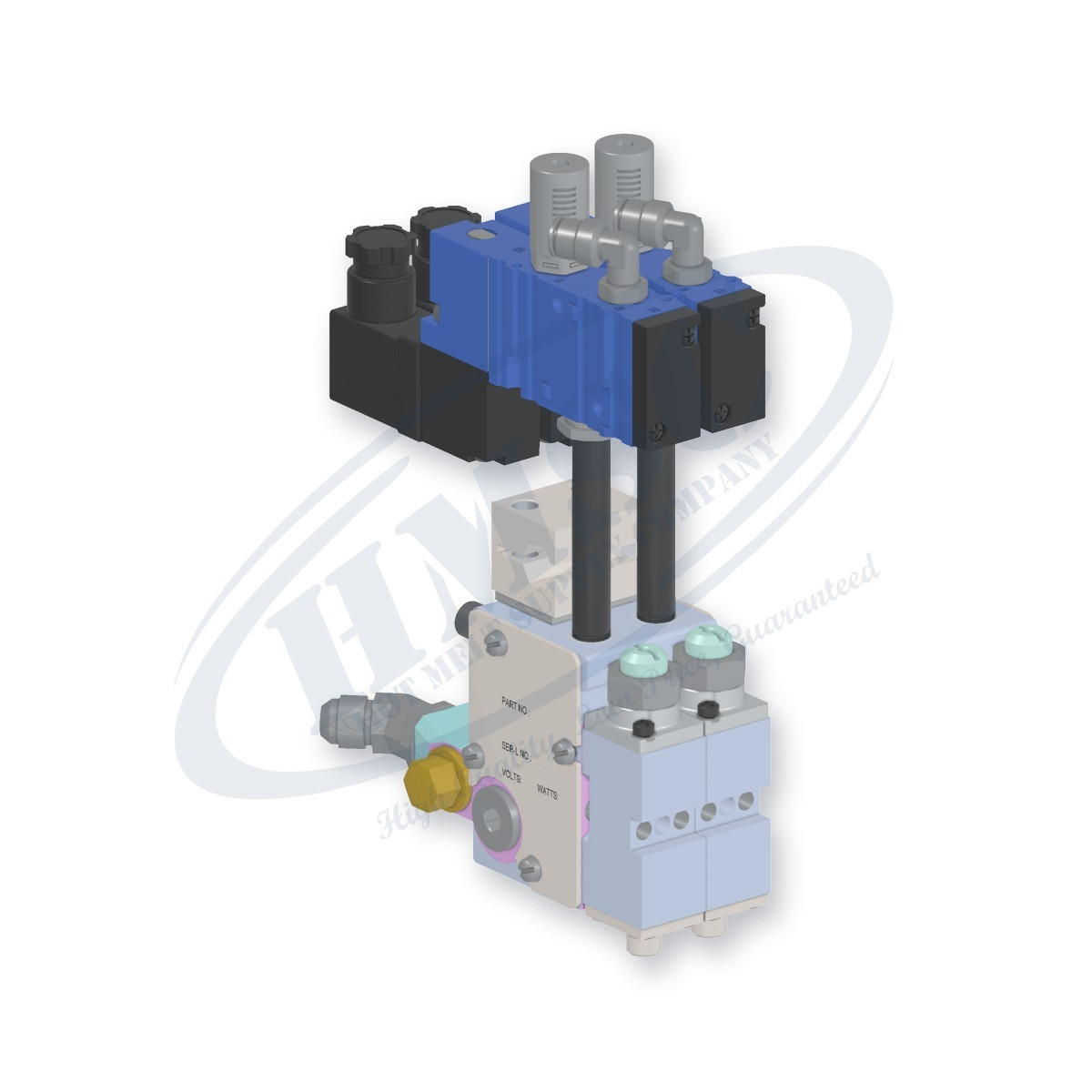 H202 Style Dual Module Gun, direct replacement for Nordson 8522108. HMSC configured part number HMS-BC-211410122, configuration BCM-SLBS-STD-02-A-IA-022-T-RB-3A1A-F4-3
