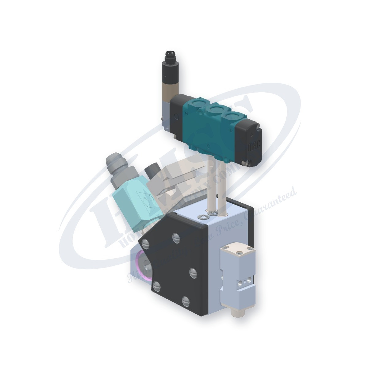 Single Module Miniature Gun, direct replacement for Nordson 8527886. HMSC configured part number HMS-MB-110210220, configuration MB2-BEL-STD-01-A-IA-000-T-RB-SP-F0-3