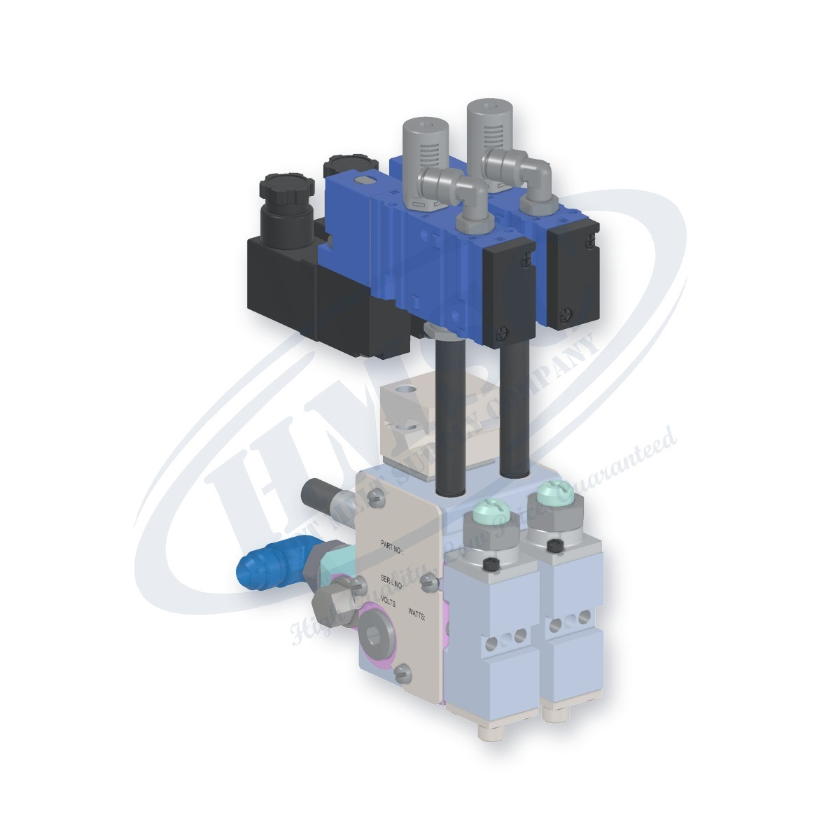 H202 Style Dual Module Gun, direct replacement for Nordson 8524306. HMSC configured part number HMS-BC-211710123, configuration BCM-SLBS-STD-02-A-IA-028-T-LB-3A1A-F9-3