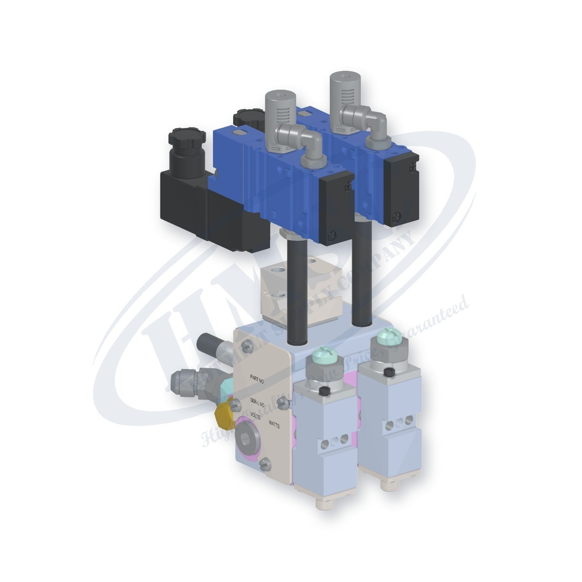 H202 Style Dual Module Gun, direct replacement for Nordson 8524308. HMSC configured part number HMS-BC-212210122, configuration BCM-SLBS-STD-02-A-IA-042-T-LB-3A1A-F4-3