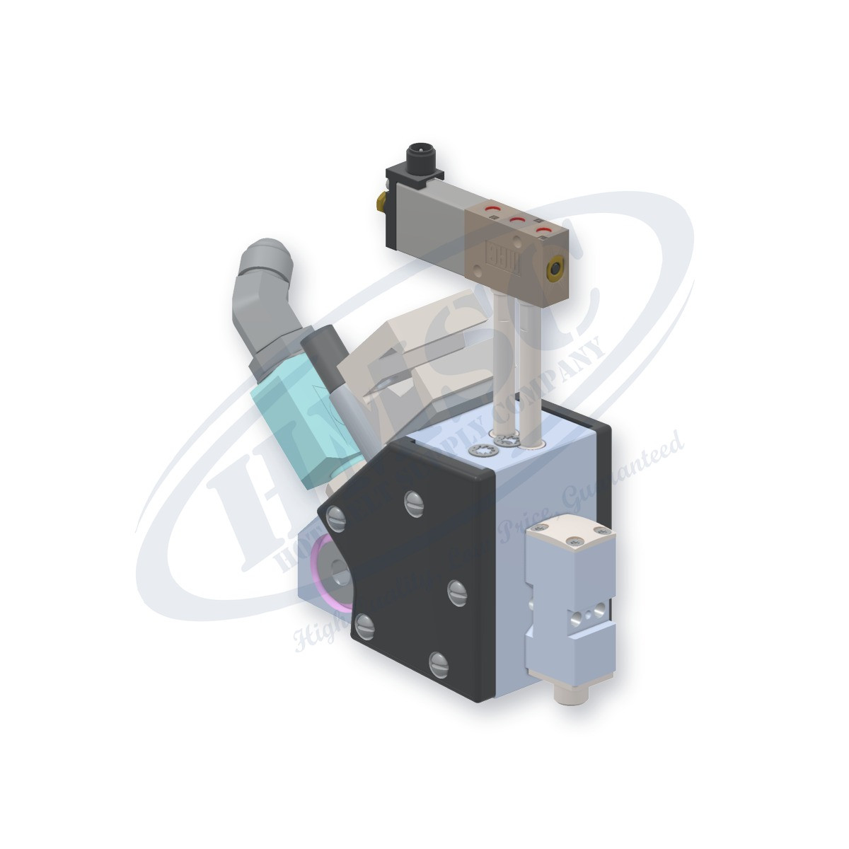 Single Module Miniature Gun, direct replacement for Nordson 8518541. HMSC configured part number HMS-MB-110110322, configuration MB2-BEL-STD-01-A-IA-000-T-LB-SD-F4-3