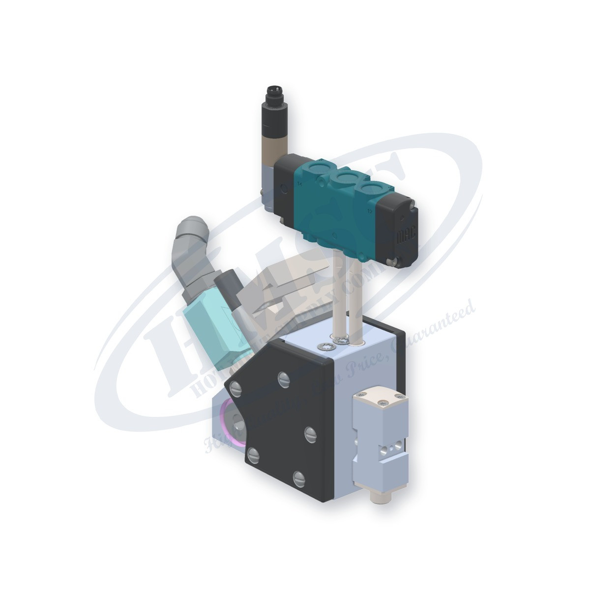 Single Module Miniature Gun, direct replacement for Nordson 8518151. HMSC configured part number HMS-MB-110110222, configuration MB2-BEL-STD-01-A-IA-000-T-LB-SP-F4-3