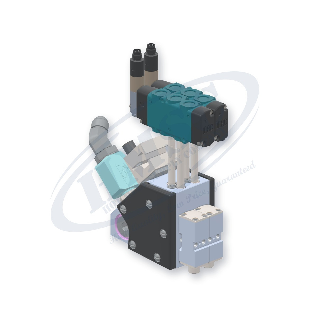 Dual Module Miniature Gun, direct replacement for Nordson 8518303. HMSC configured part number HMS-MB-210610222, configuration MB2-BEL-STD-02-A-IA-016-T-RB-SP-F4-3
