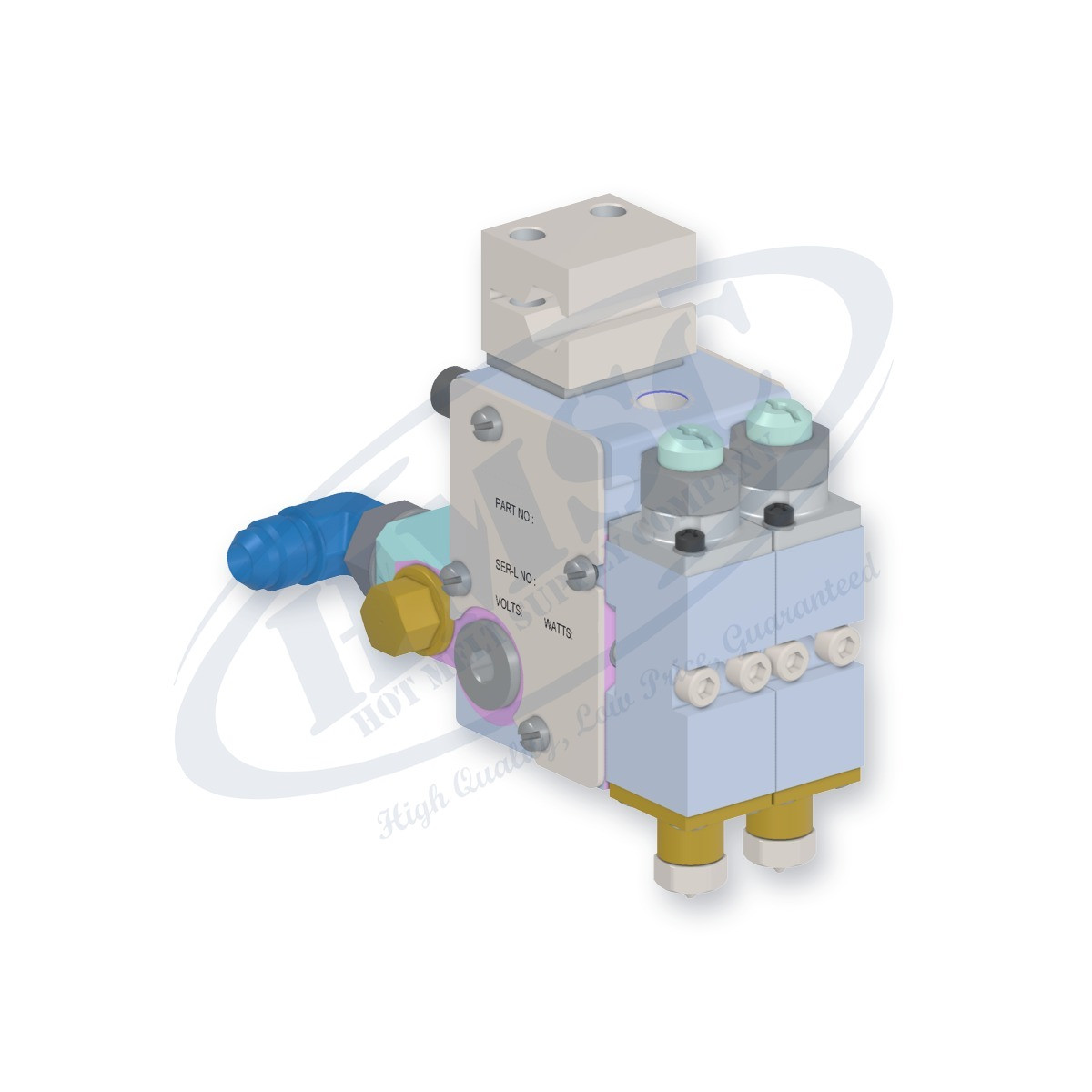 H202 Style Dual Module Gun, direct replacement for Nordson 8515786. HMSC configured part number HMS-BC-210122123, configuration BCM-SURS-012-02-A-CA-022-T-RB-3A1A-F9-3