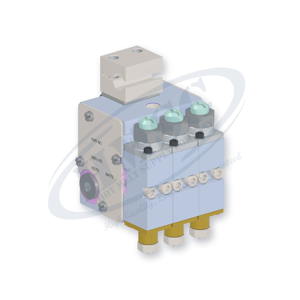 H203 Reduced Cavity 3 Module Gun, direct replacement for Nordson 8505928. HMSC configured part number HMS-BC-310122000, configuration BCM-CBRC-012-03-A-CA-022-022-T-RB-XXXX-N0-3