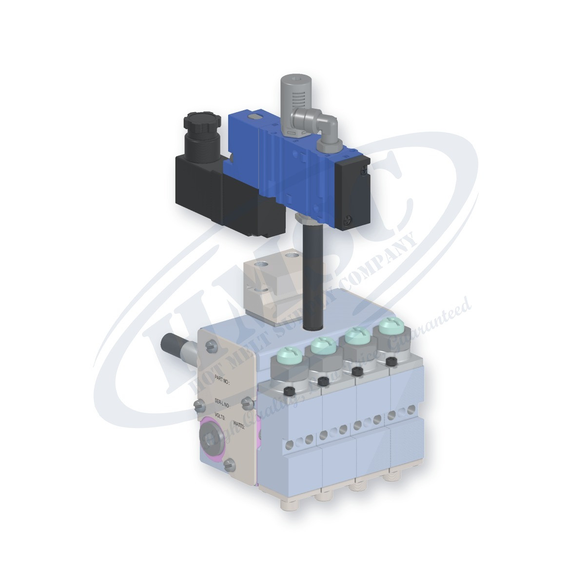 H204 Style 4 Module Gun, direct replacement for Nordson 8514708. HMSC configured part number HMS-BC-410110103, configuration BCM-CBST-STD-04-A-CA-022-022-022-T-LB-3A1A-N9-3