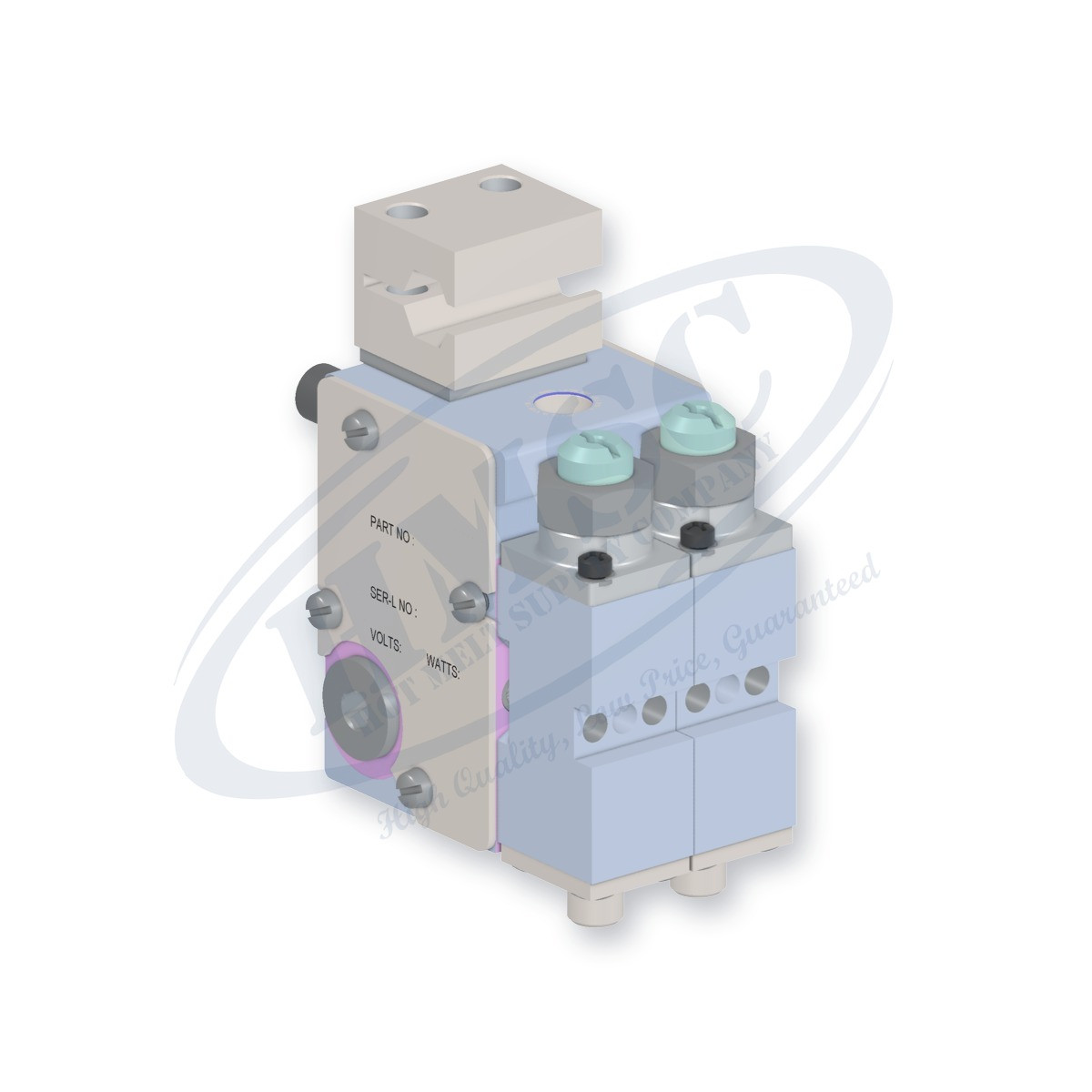 H202 Style Dual Module Gun, direct replacement for Nordson 8504842 / 8504849. HMSC configured part number HMS-BC-210110000, configuration BCM-CBST-STD-02-A-CA-022-T-RB-XXXX-N0-3