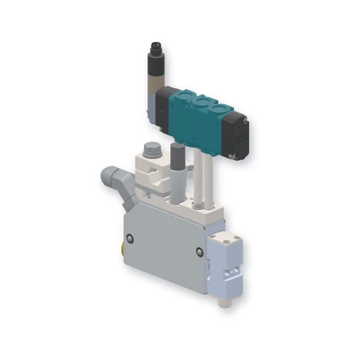 Single Module Miniature Slim Gun with Solenoid, direct replacement for Nordson 8517901. HMSC configured part number HMS-MB-120310222, configuration MB2-BEL-STD-01-A-IA-000-W-TS-SP-F4-1