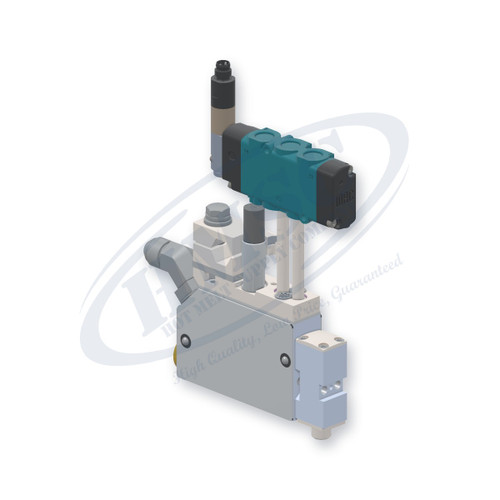 Single Module Miniature Slim Gun with Solenoid, direct replacement for Nordson 8518149. HMSC configured part number HMS-MB-110310232, configuration MB2-BEL-STD-01-A-IA-000-T-TS-SP-G4-1