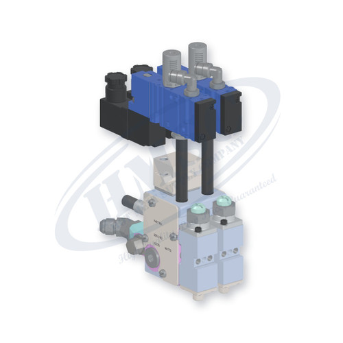H202 Style Dual Module Gun, direct replacement for Nordson 8524305. HMSC configured part number HMS-BC-211710122, configuration BCM-SLBS-STD-02-A-IA-028-T-LB-3A1A-F4-3