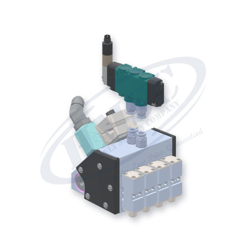 4 Module Miniature Gun, direct replacement for Nordson 8530475. HMSC configured part number HMS-MB-450110222, configuration MB2-BEL-STD-04-A-CA-020-020-020-F-RB-SP-F4-3