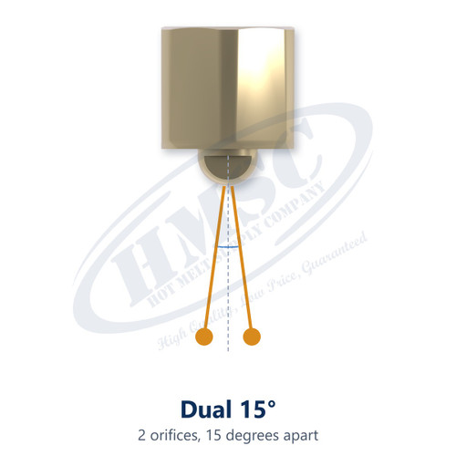 Spray pattern of HMSC button nozzle HMS-N-130495: Dual 15°, 2 orifices, 15 degrees apart