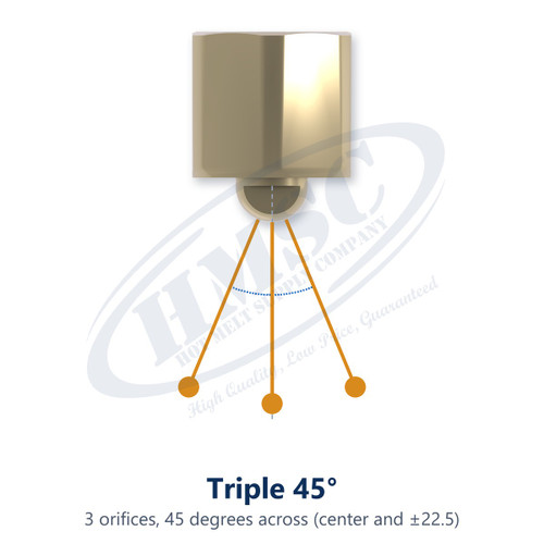 Spray pattern of HMSC button nozzle HMS-N-238041: Triple 45°, 3 orifices, 45 degrees across (center and ±22.5)