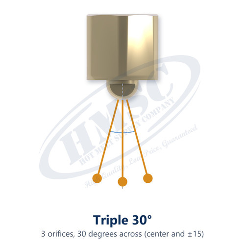 Spray pattern of HMSC button nozzle HMS-N-238039: Triple 30°, 3 orifices, 30 degrees across (center and ±15)