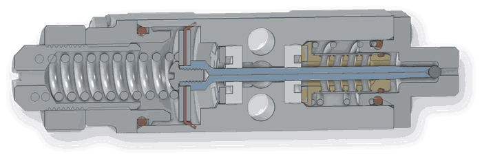 Cutaway of the filtered ball and seat H200 module T10F29B5S-F100 or -F200, needle shown in blue