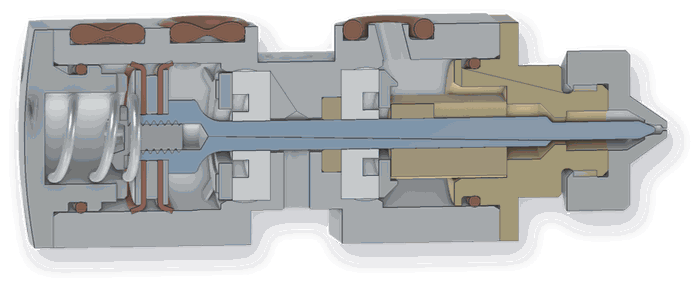 Cutaway of a mini NC module, needle shown in blue