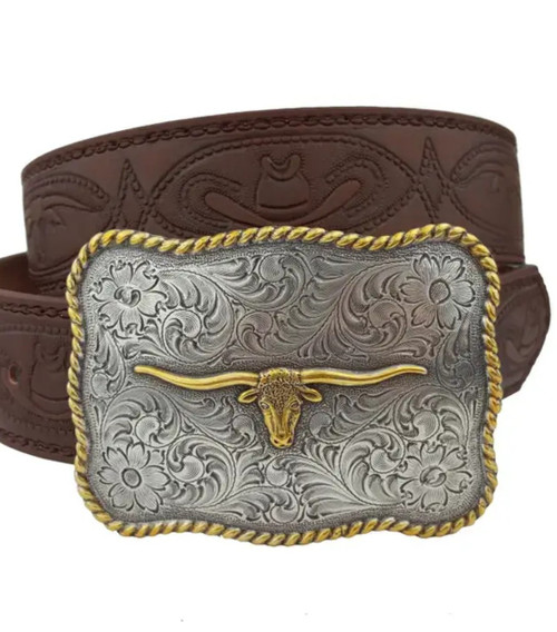 WESTERN LONG HORN BUCKLE WITH MATCHING TOOLED BELT - BROWN