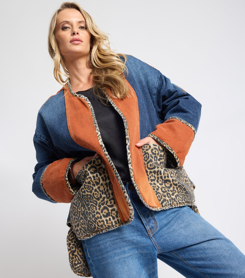 BANG BANG REVERSIBLE COLOUR BLOCKED DENIM WADDED JACKET - ANIMAL BLUE RUST