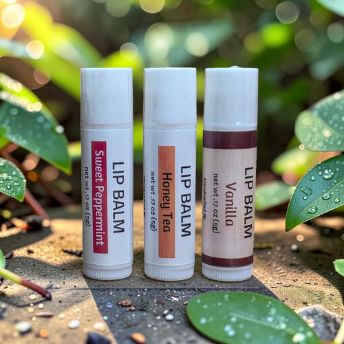 A collection of Hydrating lip balm made with beeswax mango butter sunflower oil castor oil jojoba oil lanolin and vitamin E for soft smooth lips