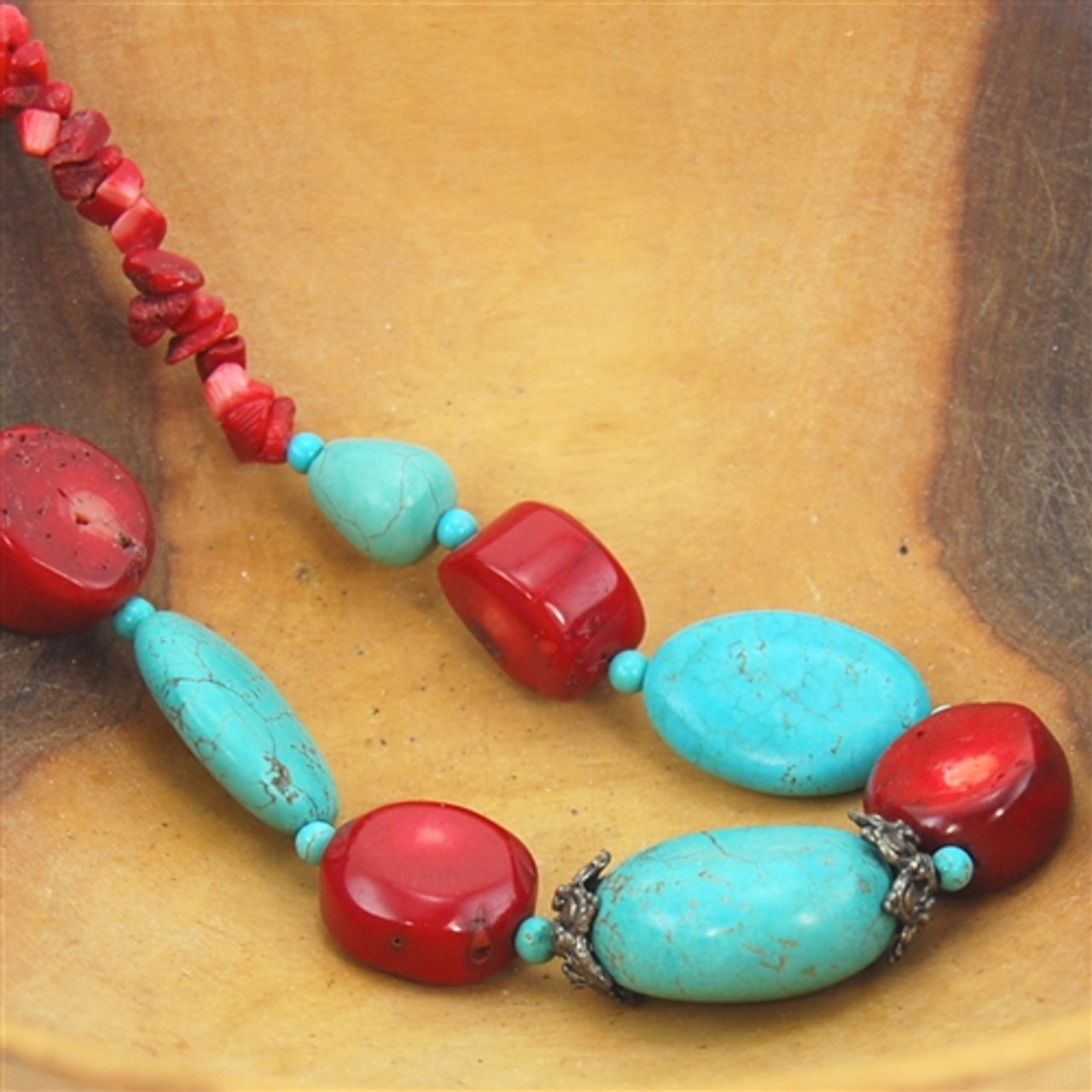 Turquoise Red Coral Beaded Necklace