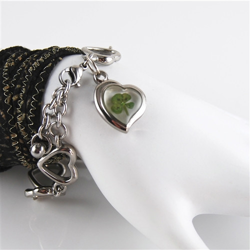 Stainless Steel Four Leaf Clover Heart Charm Bracelet